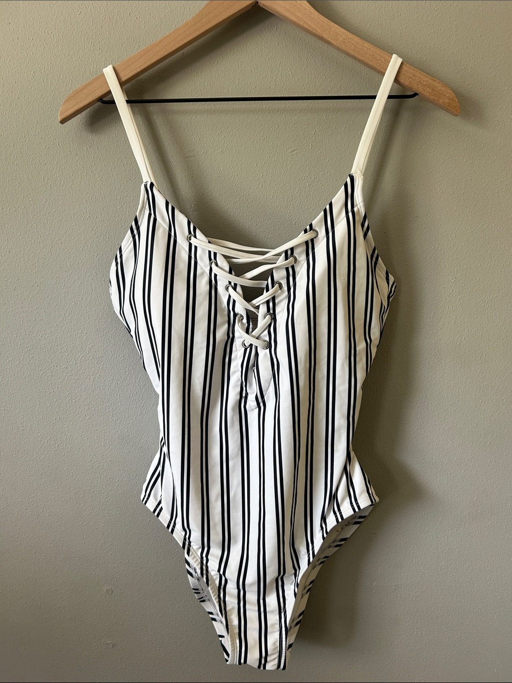 Nautica White One-Piece with Black Vertical Stripes and Lace-Up Front